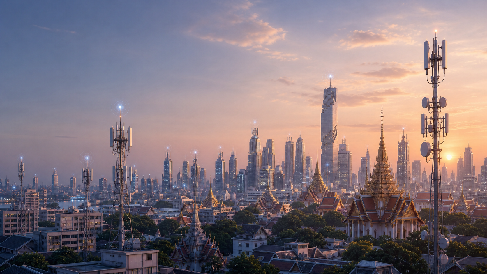 A calm futuristic Bangkok skyline at dusk with Thai temples and communication antennas across the city
